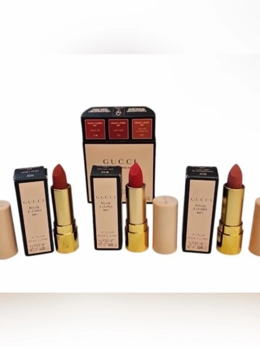 Gucci Travel Size Matte Lipstick Set — Gold Case with Deep Red Shade